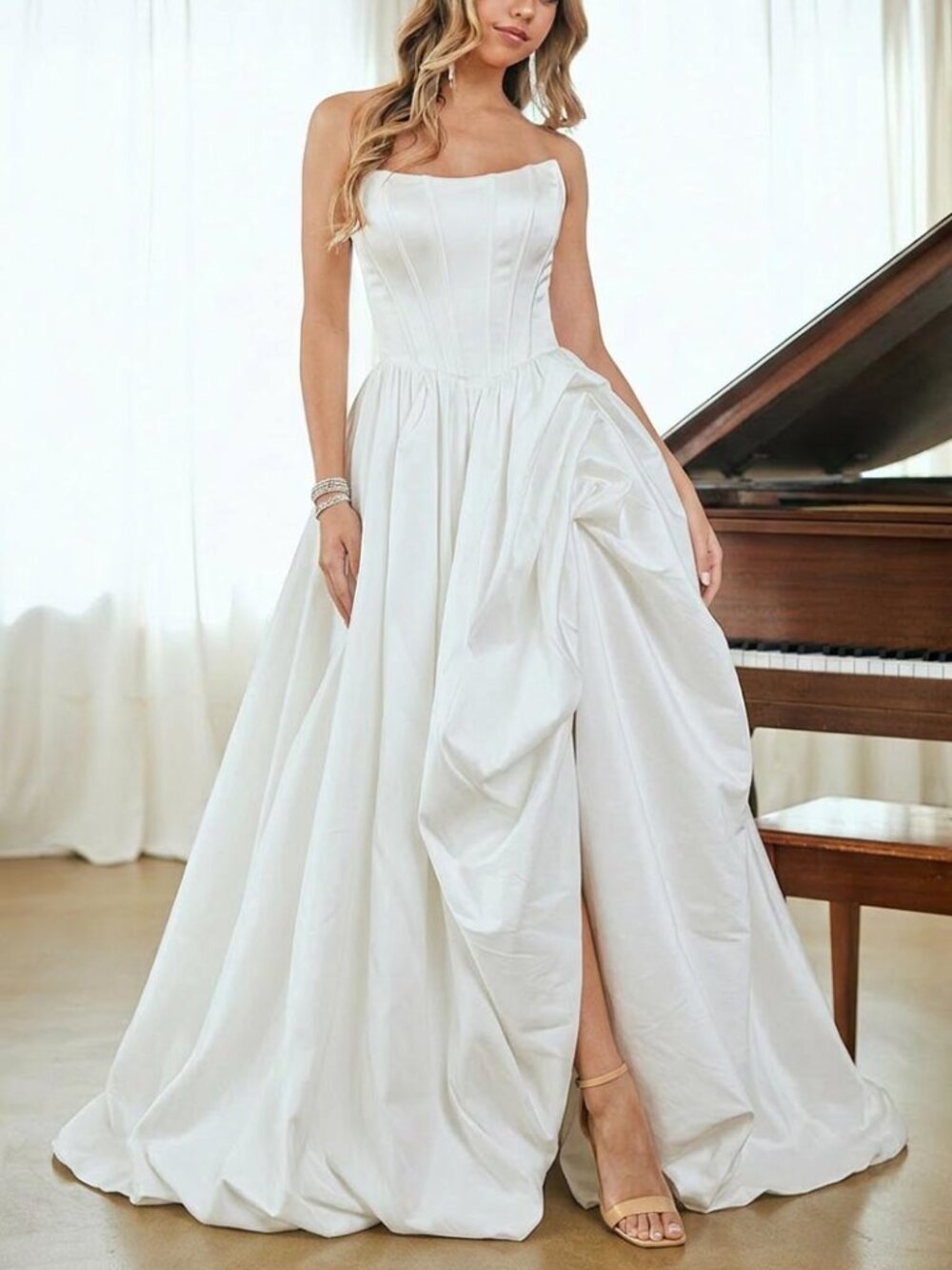 STRAPLESS NEW WHITE LONG WEDDING DRESS WITH LEG SLIT AND LACE UP CORSET BACK GOW